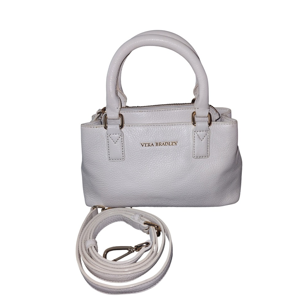 Vera Bradley White Pebbled Leather Satchel Crossbody Bag Gold Tone Hardware
